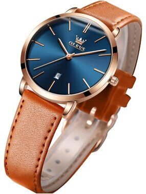 Women's Navy Blue dial & Rose Gold Bezel & Brown Band Classic Dress Wrist Watch